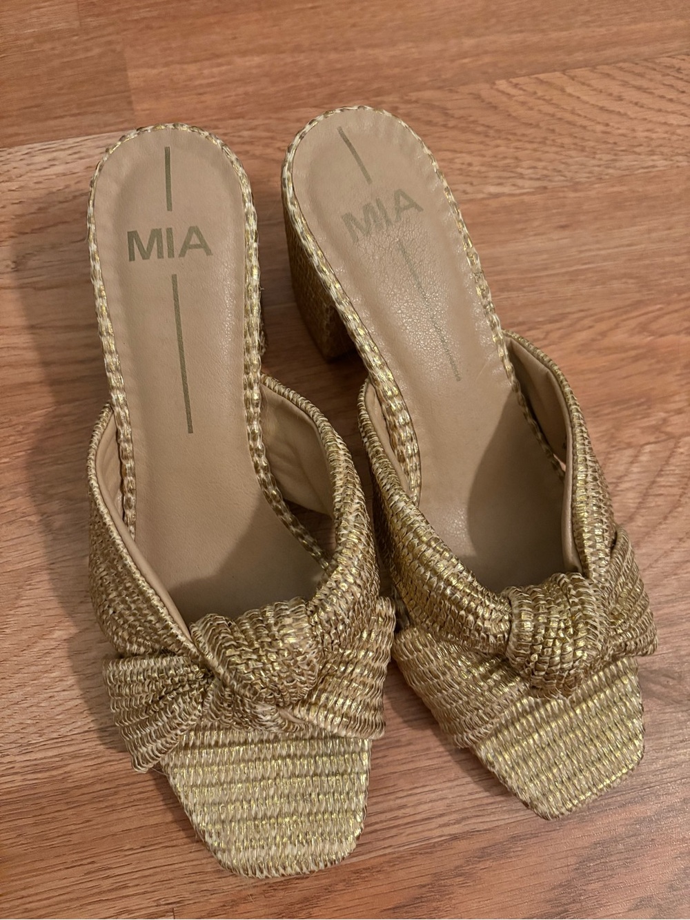 MIA Gold Braided Knot Block Heel Mules